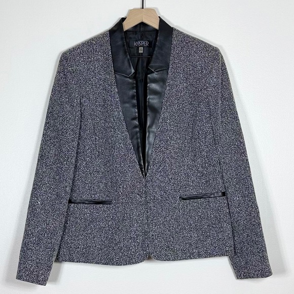 Kasper Jackets & Blazers - Kasper Womens Blazer Size 12 Gray Tweed Faux Leather Tuxedo Collar Career